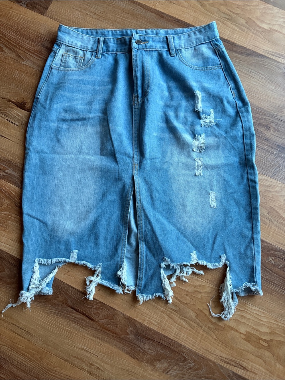 Light Blue Distressed Denim Midi Skirt